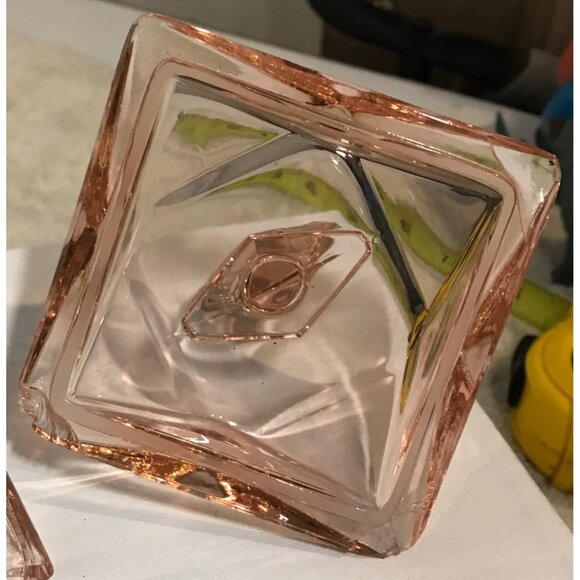 Glass Vanity Container Vintage Diamond Shaped Pink 2 Pc Powder Trinket Dish - Picture 9 of 11